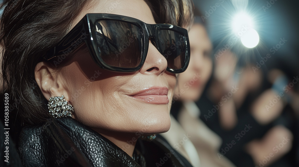 A woman commanding attention at a prestigious fashion show, wearing her oversized sunglasses, smirking with assurance as she’s surrounded by less-recognized faces, effortlessly flaunting her status A woman commanding attention at a prestigious fashion show, wearing her oversized sunglasses, smirking with assurance as she’s surrounded by less-recognized faces, effortlessly flaunting her status