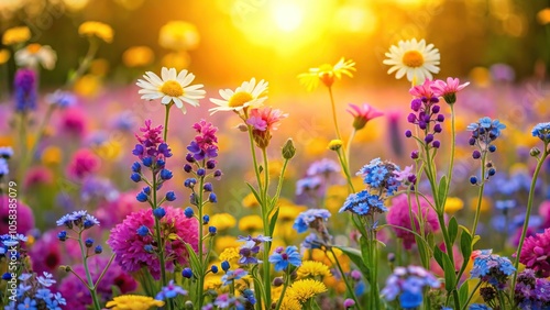 A stunning photo of a field of colorful wildflowers including purple lavender, pink forget-me-nots, and yellow daisies on a sunny yellow background., field, flowers, nature, spring, wildflowers