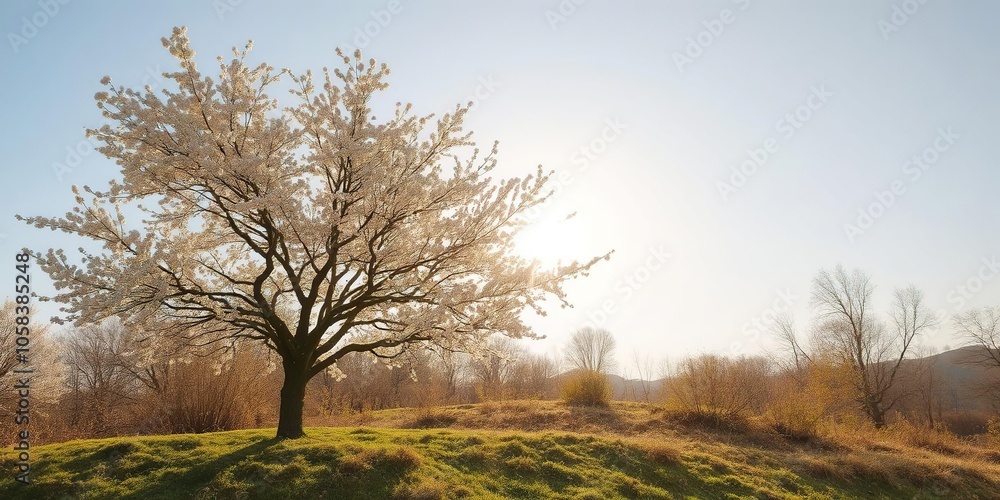 A stunning nature scene featuring a blossoming tree illuminated by a golden sun flare, nature, sunlight