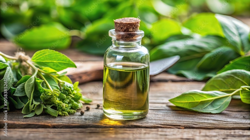 Freshly harvested chanca piedra leaves with a small bottle of extract Freshly harvested chanca piedra leaves with a small bottle of extract