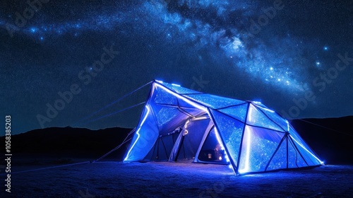 A futuristic tent illuminated with blue lights stands in the desert under a starry night sky, the Milky Way Galaxy visible overhead.