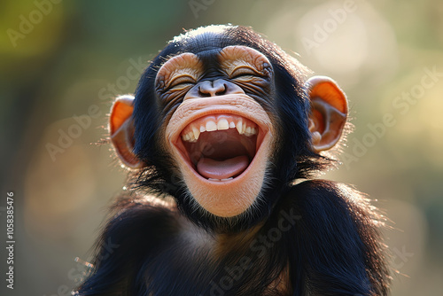 Happy baby chimpanzee with a silly grin, animal humor photo