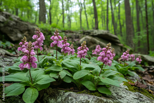 Delicate wildflowers blooming in a shady area of the forest photo