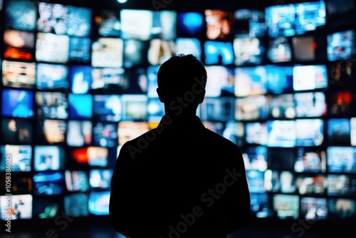 A silhouette of a man standing in a large, darkened room, facing a wall of screens