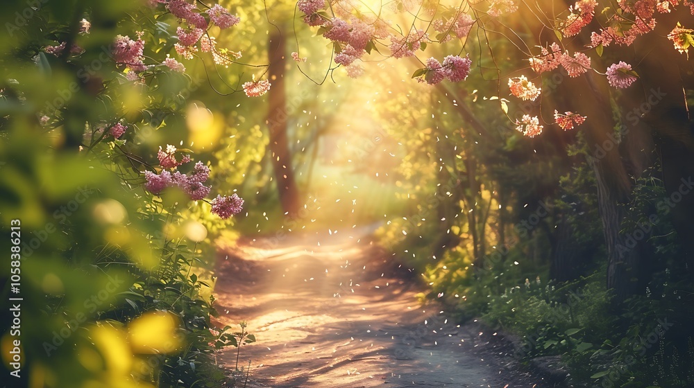 A serene woodland path lined with blooming trees and wildflowers, with sunlight streaming through the leaves. A serene woodland path lined with blooming trees and wildflowers, with sunlight streaming through the leaves.