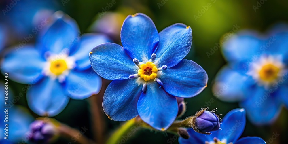 4. A close-up of a dark blueForget-Me-Not flower with delicate petals and a yellow center, a realistic photo image. 4. A close-up of a dark blueForget-Me-Not flower with delicate petals and a yellow center, a realistic photo image.