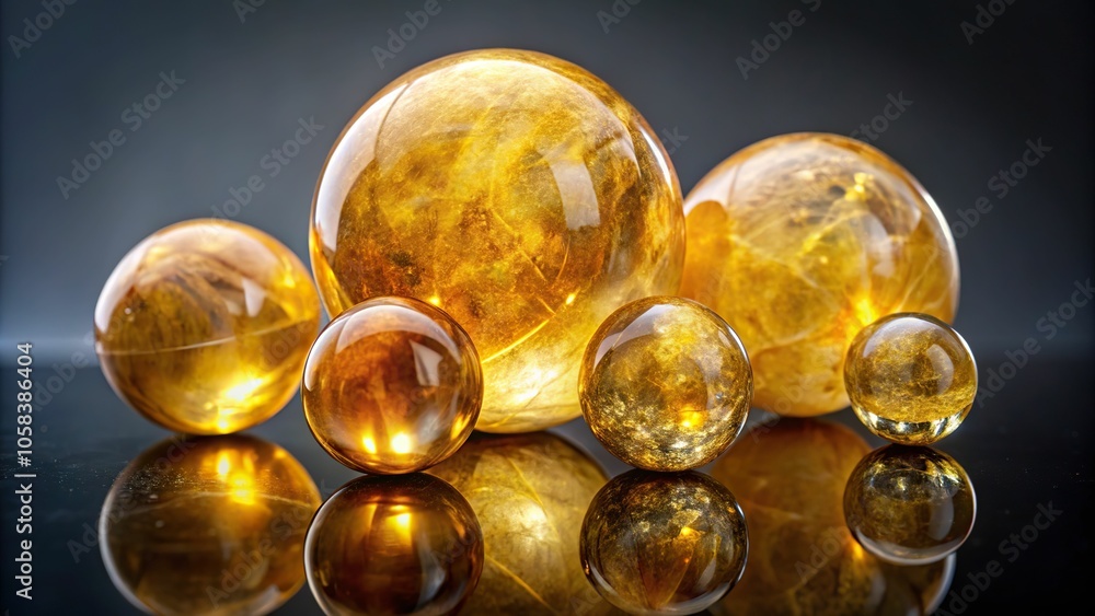 4. A stack of polished citrine spheres in varying sizes, showcasing their unique internal inclusions and patterns, on a reflective surface, a realistic photo image. 4. A stack of polished citrine spheres in varying sizes, showcasing their unique internal inclusions and patterns, on a reflective surface, a realistic photo image.