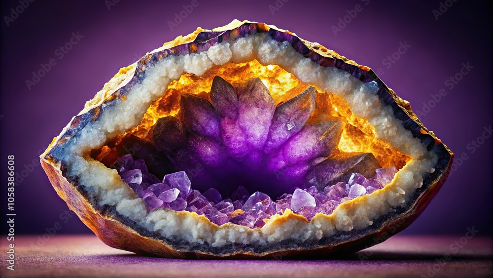 10. A dramatic, citrine-veined, amethyst geode, cracked open to reveal its glittering, crystalline interior, against a deep, gradient purple background, a realistic photo image. 10. A dramatic, citrine-veined, amethyst geode, cracked open to reveal its glittering, crystalline interior, against a deep, gradient purple background, a realistic photo image.
