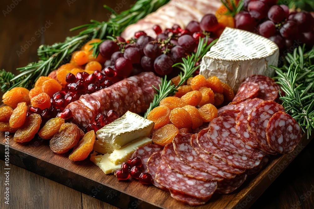 A gourmet Christmas charcuterie board showcasing a selection of cured meats, smoked cheeses, fresh grapes, and dried apricots, with festive garnishes like rosemary and pomegranate seeds.