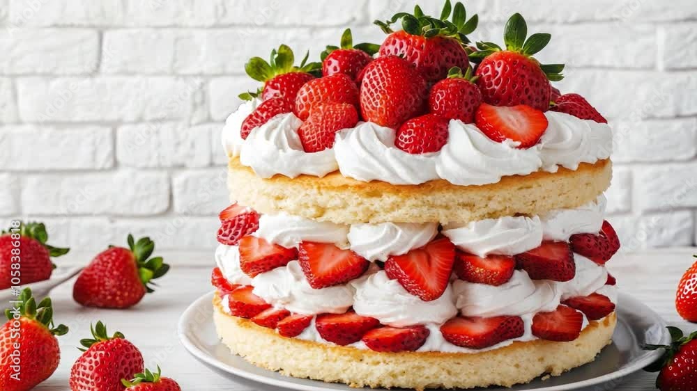 Delicious strawberry shortcake layered with whipped cream and fresh strawberries on a white background Delicious strawberry shortcake layered with whipped cream and fresh strawberries on a white background