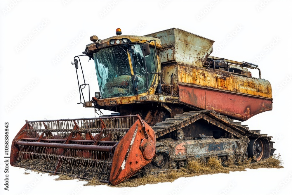 An old rustic combine harvester stands alone in the field. Its worn metal tells stories of seasons past. A symbol of agricultural history and machinery evolution. Generative AI An old rustic combine harvester stands alone in the field. Its worn metal tells stories of seasons past. A symbol of agricultural history and machinery evolution. Generative AI