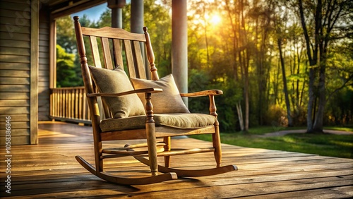 8. A beautifully crafted Burly Wood rocking chair, with worn cushions, sits on a sun-drenched porch, a realistic photo image. photo