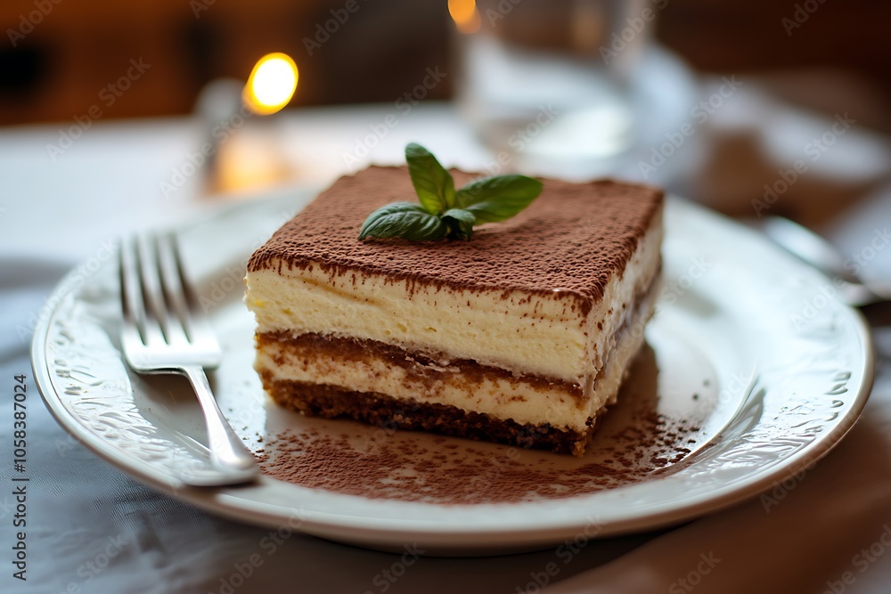 Slice of tiramisu dusted with cocoa powder and garnished with mint on a white plate in a restaurant setting Slice of tiramisu dusted with cocoa powder and garnished with mint on a white plate in a restaurant setting