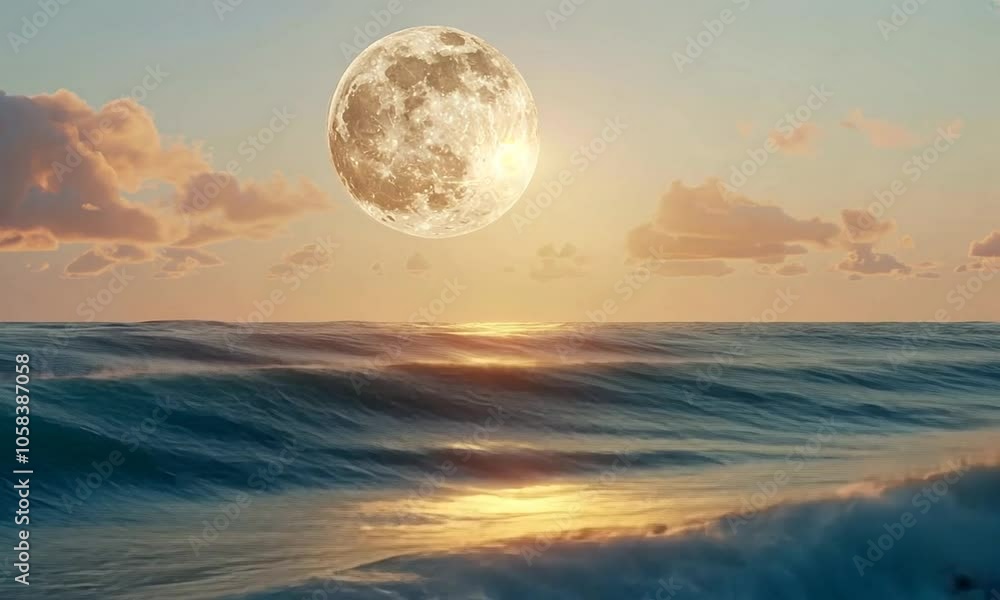 A serene ocean scene at sunset with a large, luminous moon above the water's surface. A serene ocean scene at sunset with a large, luminous moon above the water's surface.