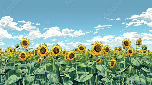 A field of sunflowers against the sky. silhouette illustration