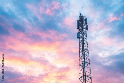 A tall communication tower stands against a backdrop of a serene sky, with soft clouds