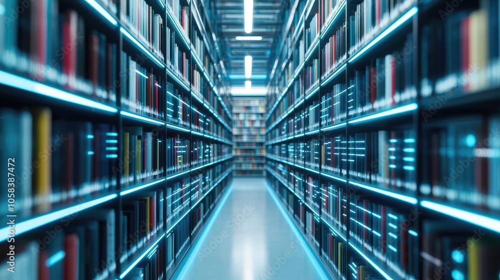 A modern library interior featuring rows of bookshelves and bright lighting. A modern library interior featuring rows of bookshelves and bright lighting.