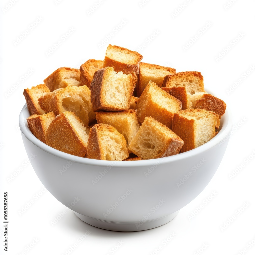 A white bowl filled with golden brown cubed bread pieces isolated on a white background A white bowl filled with golden brown cubed bread pieces isolated on a white background