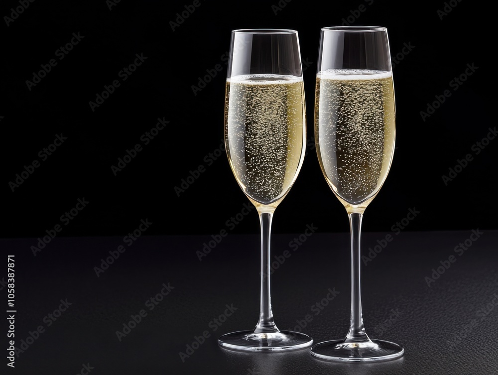 Elegant celebration: two champagne glasses with bubbles on black background Elegant celebration: two champagne glasses with bubbles on black background