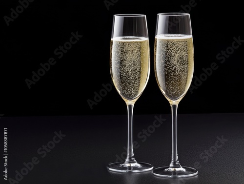 Elegant celebration: two champagne glasses with bubbles on black background