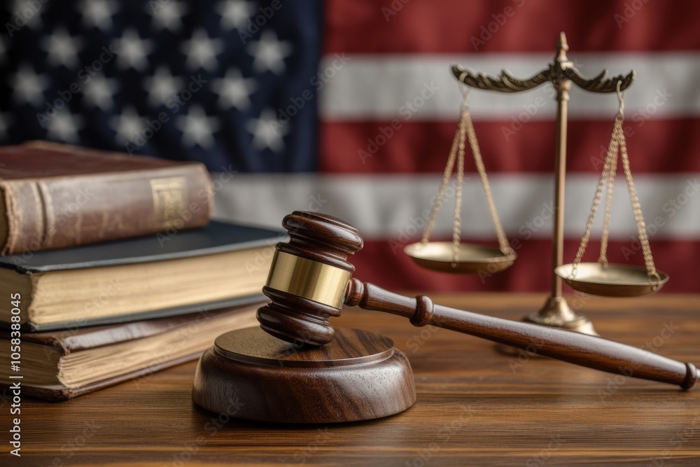 A wooden gavel and scales of justice sit on a desk with legal books in front of an American A wooden gavel and scales of justice sit on a desk with legal books in front of an American