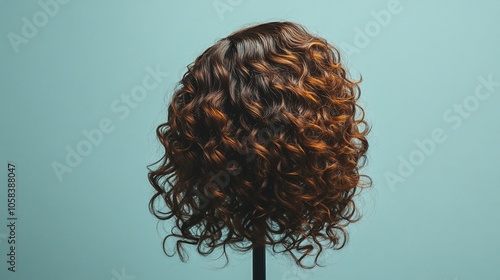 A brown curly wig on a mannequin head against a blue background.