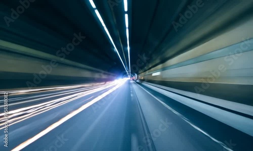Long exposure with motion blur light trail of underground tunnel highway. Generative Ai