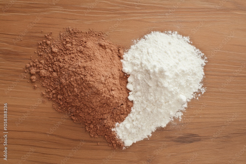 Heart-shaped arrangement of cocoa and flour on wooden surface Heart-shaped arrangement of cocoa and flour on wooden surface