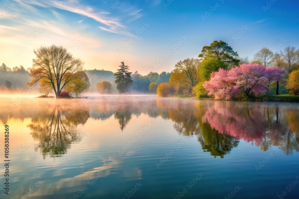 A serene lake at dawn with mist rising from the water's surface and surrounding trees in full bloom, lakes, mist A serene lake at dawn with mist rising from the water's surface and surrounding trees in full bloom, lakes, mist