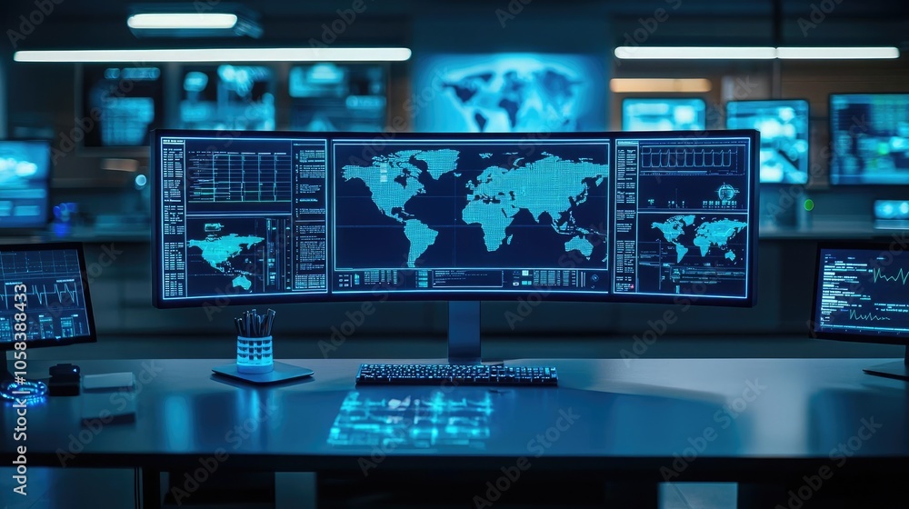 High-tech monitoring room with multiple screens displaying global data analysis. High-tech monitoring room with multiple screens displaying global data analysis.