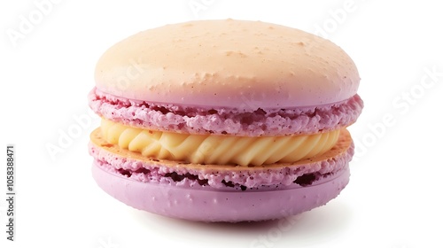 A single, delicate macaroon in pastel colors, isolated on a pure white background, highlighting its smooth surface and filling.