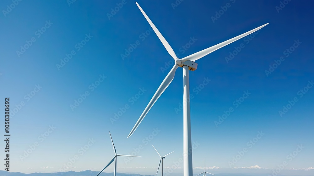 Wind turbine against a clear blue sky, renewable energy concept. Wind turbine against a clear blue sky, renewable energy concept.