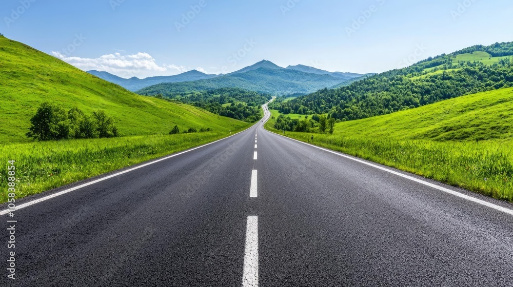 Scenic road stretching through lush green hills under a clear blue sky. Scenic road stretching through lush green hills under a clear blue sky.
