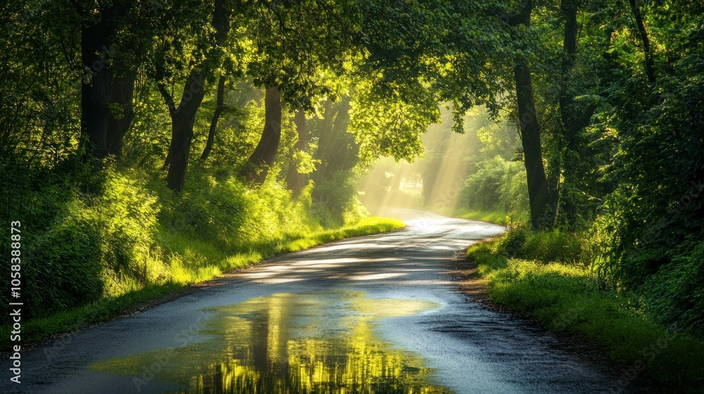 A winding road through a lush forest with sunlight streaming through the trees. A winding road through a lush forest with sunlight streaming through the trees.