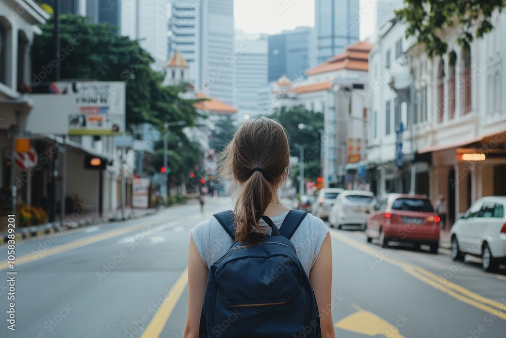 A young woman tourist with a backpack walking on a street in Singapore, depth of field A young woman tourist with a backpack walking on a street in Singapore, depth of field