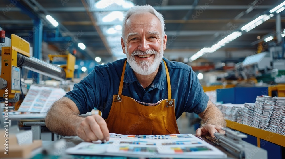A smiling elderly man in work attire engages in crafts or design in a bright workshop filled with materials and tools. A smiling elderly man in work attire engages in crafts or design in a bright workshop filled with materials and tools.