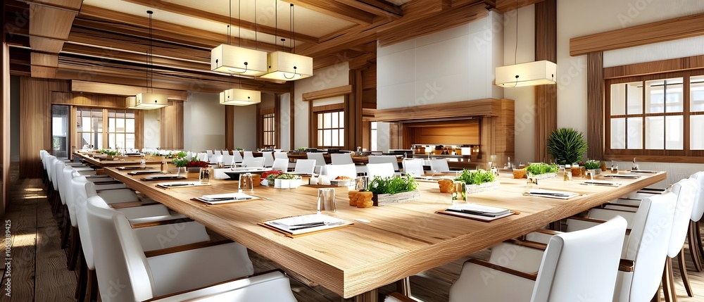 Wooden Table and White Chairs in a Modern Restaurant. Wooden Table and White Chairs in a Modern Restaurant.