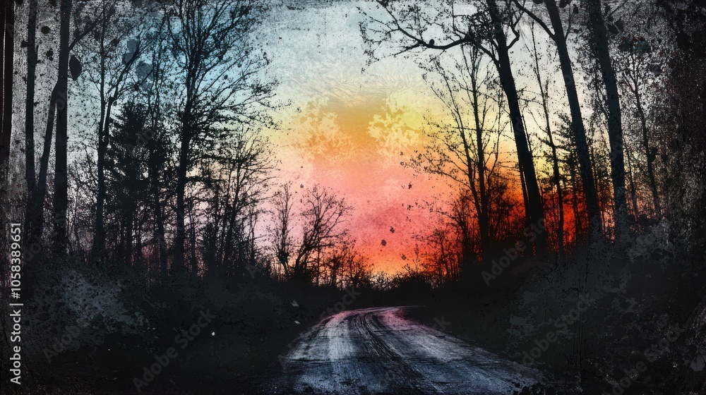 A winding road through a forest with a vibrant sunset in the distance. The road is wet and the trees are silhouetted against the colorful sky. The image has a vintage, faded look. A winding road through a forest with a vibrant sunset in the distance. The road is wet and the trees are silhouetted against the colorful sky. The image has a vintage, faded look.