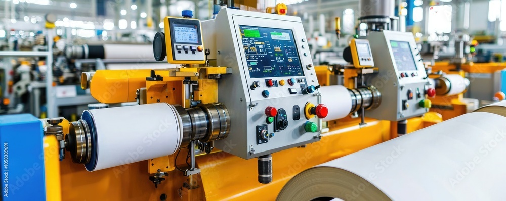 A modern industrial machine control panel with intricate buttons and displays, part of a larger manufacturing process. A modern industrial machine control panel with intricate buttons and displays, part of a larger manufacturing process.