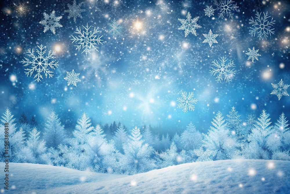 Frosty snowflakes falling gently on a winter landscape background, peaceful scene, serene landscape, winter scenery, snowfall Frosty snowflakes falling gently on a winter landscape background, peaceful scene, serene landscape, winter scenery, snowfall
