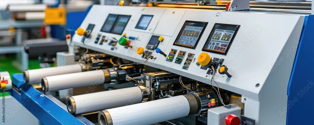 A modern textile machine featuring multiple controls and spindles, designed for efficient fabric processing and manufacturing. A modern textile machine featuring multiple controls and spindles, designed for efficient fabric processing and manufacturing.