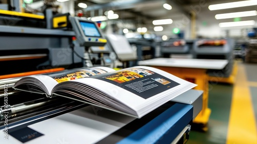 A vibrant printing facility featuring an open book on a printing press with industrial machinery in the background.