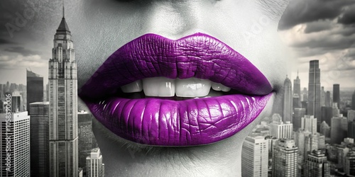 8. Amaranth Purple lips curve into a subtle, enigmatic smile, set against a muted, grayscale cityscape, a realistic photo image.