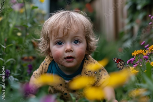 Wallpaper Mural A curious child is exploring a vibrant garden filled with colorful flowers. Nature brings joy to childhood. Every moment is a new discovery. Generative AI Torontodigital.ca