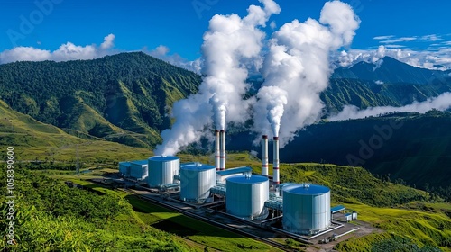 An industrial landscape featuring a geothermal power plant with steam rising from stacks, surrounded by lush green mountains and clear blue skies. photo