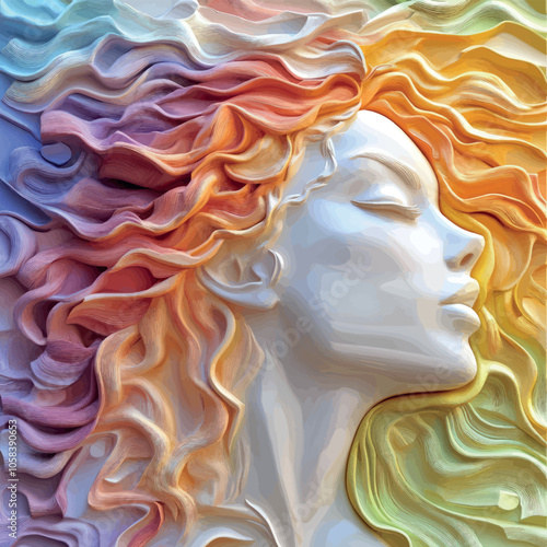 3D bas-relief of a beautiful, happy girl with curly hair. Vector. Close-up portrait in rainbow colors. Decor of halls for romantic events, exhibitions, presentation interiors for advertising products 