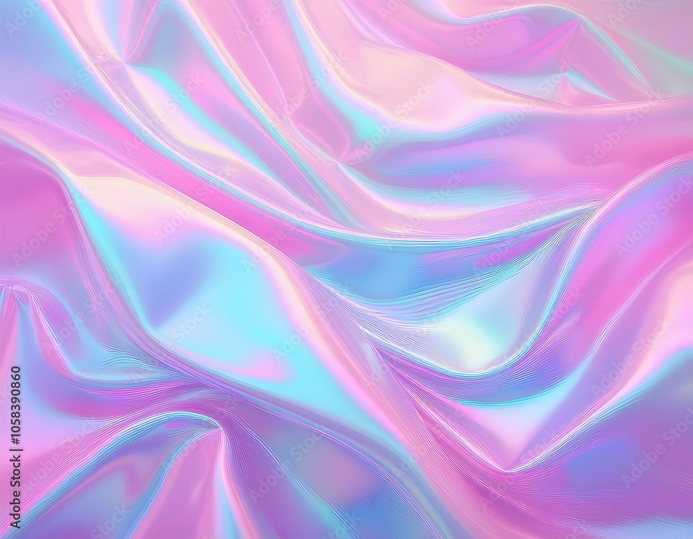 Obraz premium Soft focus pastel holographic fabric in shades of pink, lavender, and aqua with flowing textures and gentle curves. Generative AI