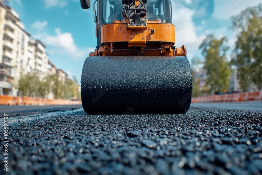An asphalt roller working on a new road construction site, Road repair machine An asphalt roller working on a new road construction site, Road repair machine