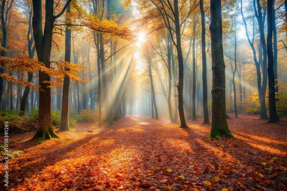 A misty morning with autumn leaves scattered on the forest floor, sunlight filtering through the trees creating a warm glow, sunlight, forest floor A misty morning with autumn leaves scattered on the forest floor, sunlight filtering through the trees creating a warm glow, sunlight, forest floor
