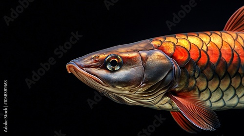 A close-up of a colorful, exotic fish with red and orange scales swimming in dark water. photo